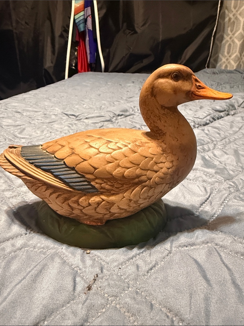 Hand-Painted Decorative Duck Figurine in Tan and Blue